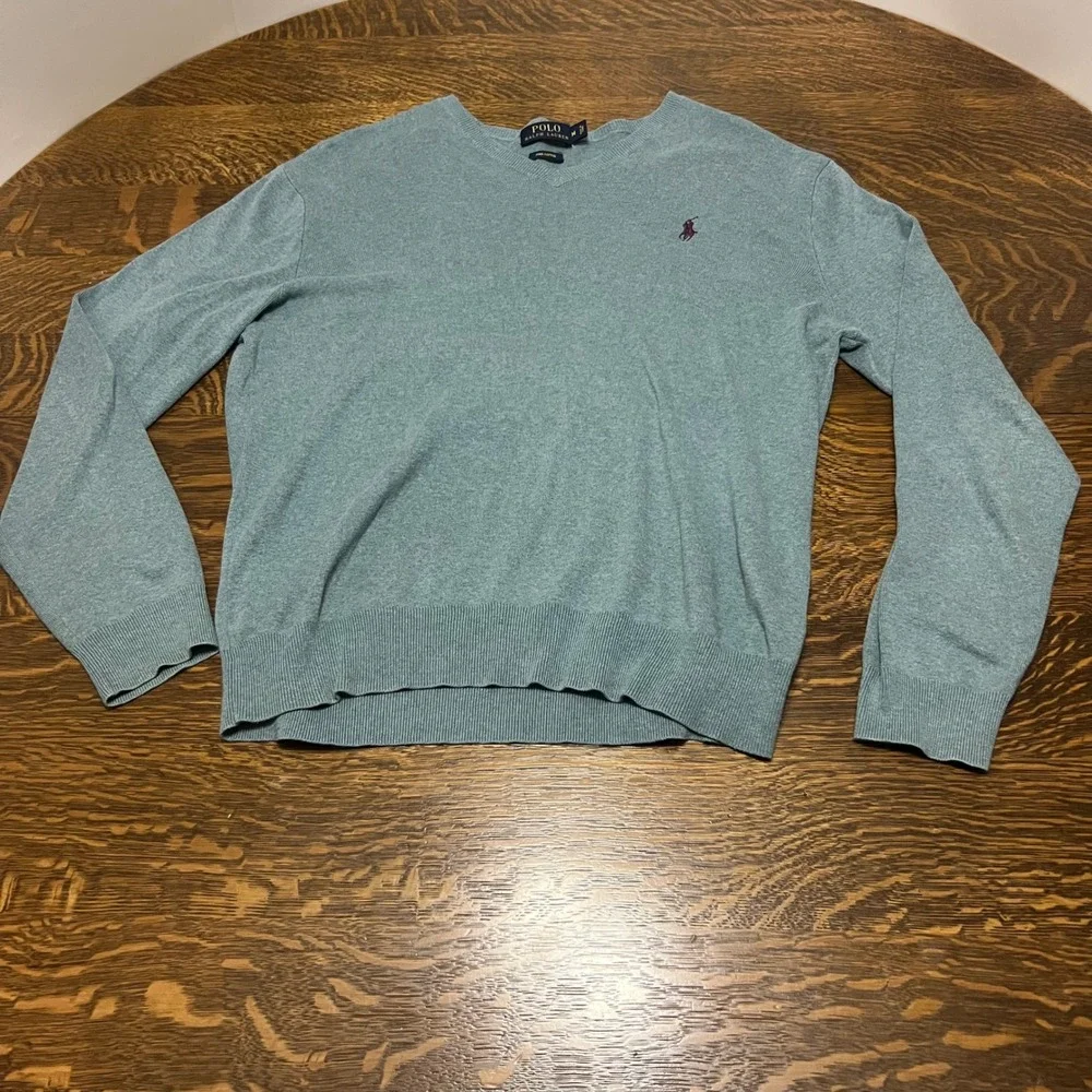 Polo Ralph Lauren V-Neck Sweater Mens Medium Blue Pima Cotton Pony Logo